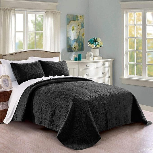 Pure Bedding Quilt Set Full/Queen Size Black - Oversized Bedspread - Soft Microfiber Lightweight Coverlet for All Season - 3 Piece Includes 1 Quilt and 2 Shams, Geometric Pattern