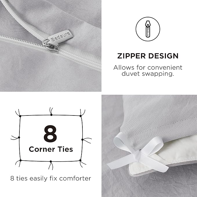 Bedsure Duvet Cover Queen Size with Fitted Sheet - 4 Pieces Prewashed Cotton-Like Polyester Extra Soft Bedding Set, Includes 1 Duvet Cover 90x90 Inches, 2 Pillow Shams, 1 Fitted Sheet, Light Grey