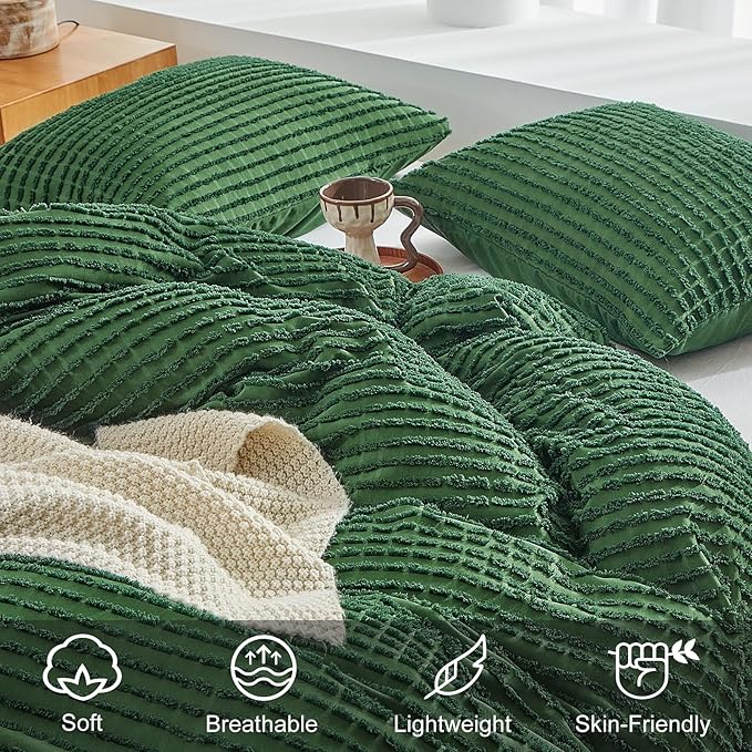 WARMDERN Boho Duvet Cover Set King Size,Forest Green Striped Duvet Cover Microfiber Bedding Set,3PCS Ultra Soft Breathable Lightweight Tuft Texture Duvet Covers with Zipper Closure(Forest Green,King)