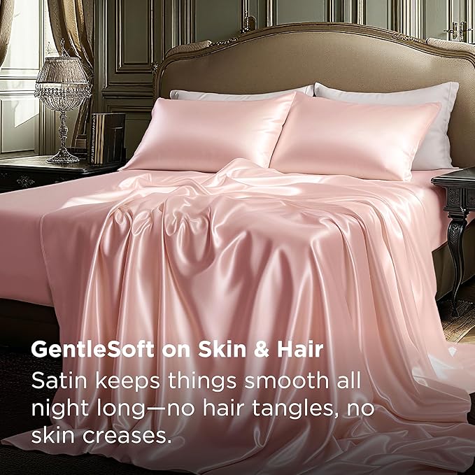 Bedsure Pink Satin Sheets King Size - 4 Piece Silky Bedsheets with 15 Inches Deep Pocket Fitted Bedsheet,1 Flat Sheet, 2 Satin Pillowcases, Good for Hair & Skin (King, Peach Pink)