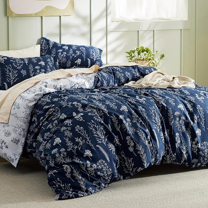 Bedsure Duvet Cover Full Size - Reversible Navy Blue Full Duvet Cover Set with Zipper Closure, 3 Pieces Cute Floral Botanical Bedding Set with 8 Corner Ties and 2 Pillow Shams