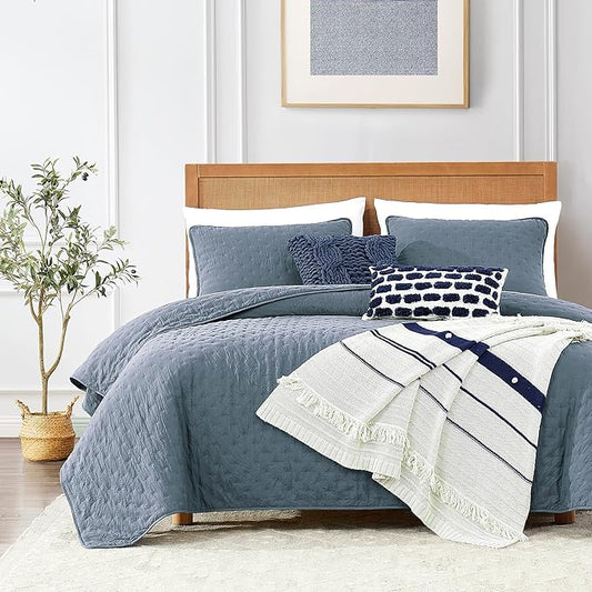 ROARINGWILD Dusty Blue Twin Size Quilt Bedding Set, Lightweight Soft Bedspread, Farmhouse Rustic Country Coverlet, Thin Cloud Comforter for Spring Summer, 1 Pillow Sham, 68x90 inches