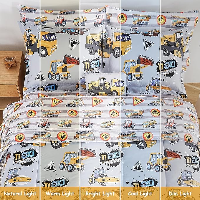 Mooreeke Kids Full Comforter Sets for Boys 8 Pieces Heavy Duty Vehicle Bedding Set for Teens Microfiber Engineering Truck Kids Bed in A Bag with Comforter, Sheet Set, Shams and Decorative Toy Pillow