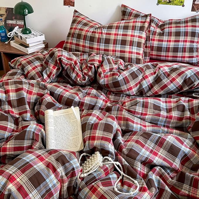 mixinni Vintage Red & Brown Buffalo Plaid Duvet Cover Set Twin Size - 3 Piece Washed Cotton Bedding Set with Classic Checkered Pattern, Cozy Farmhouse Duvet Cover with Pillowcases for All Seasons