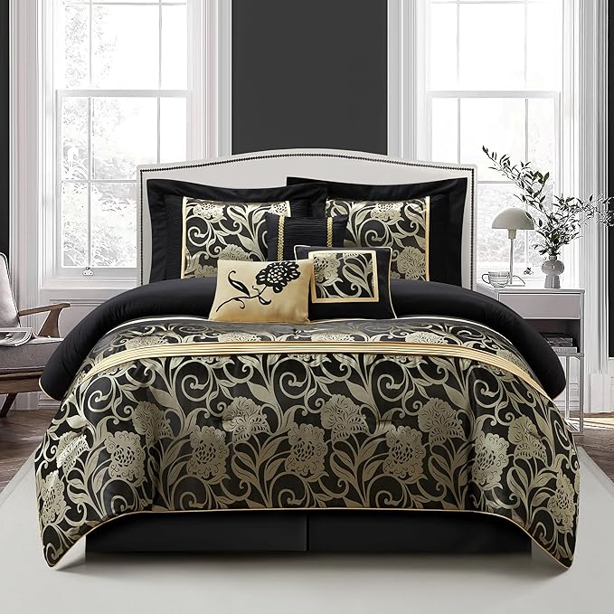 Grand Avenue Jacquard Floral Comforter Set, Luxury, 7 Pieces Full Black Bedding Set, Classic, Matching Pillows & Shams, Bed Skirt, Ultra-Soft, Lightweight Microfiber