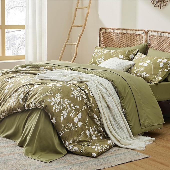 Bedsure Twin Comforter Set - 5 Pieces Floral Olive Green Soft Bedding Sets, Twin Bed in a Bag with Botanical Flowers Comforter, Sheets, Pillowcase & Sham