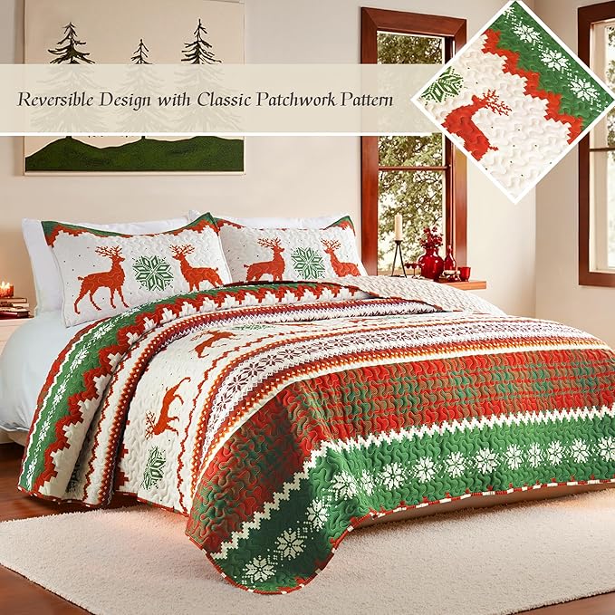 Whale Flotilla Christmas Quilts Queen Size, Soft Boho Floral Bedspreads for Bed Reversible Lightweight Full Queen Quilt Bedding Set Coverlets with 2 Pillow Shams for All Seasons, Happy Snowflake