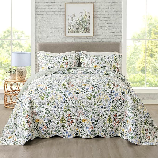 Travan 3-Piece Quilt Set Quilted Bedspread Lightweight Coverlet Set Garden Style Floral Printed Oversized Quilted Bedding Set with Shams for All Season, Exquisite, Queen Size