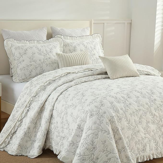 MarCielo 3-Piece 100% Cotton Bedspread Lightweight Quilt Coverlet Embroidery Farmhouse Bedding Set (Floral,King (106" X 98"))