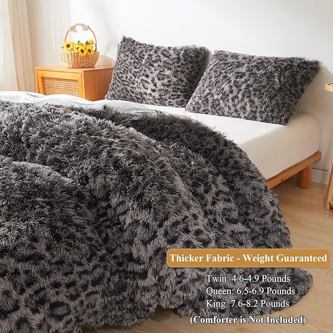 XeGe Cheetah Print Fluffy Faux Fur Duvet Cover Set, 2 Pieces Soft Plush Shaggy Fuzzy Bedding Set(1 Faux Fur Leopard Print Comforter Cover + 1 Furry Pillowcase), Zipper Closure(Twin, Light Grey)