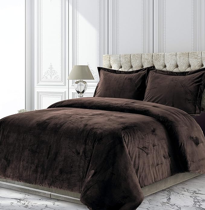 Chocolate 5 Piece Velvet Comforter Set California King Size (Comforter + 4 Pillowcases) Crinkle Crushed 400 GSM