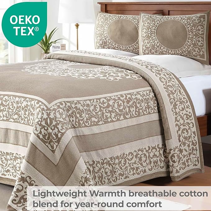 Superior Cotton Blend Bedspread Set, Includes Oversized Bedspread and 2 Matching Pillow Shams, Light Weight Blanket, Bedding Decor, Jacquard Vintage Floral Mandala, Lyron Collection - King, Taupe