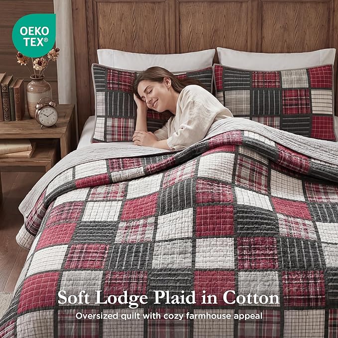 Woolrich Reversible Quilt Cabin Lifestyle Design - All Season, Breathable Coverlet Bedspread Bedding Set, Matching Shams, Oversized King/Cal King, Tulsa Plaid Red/Grey 3 Piece