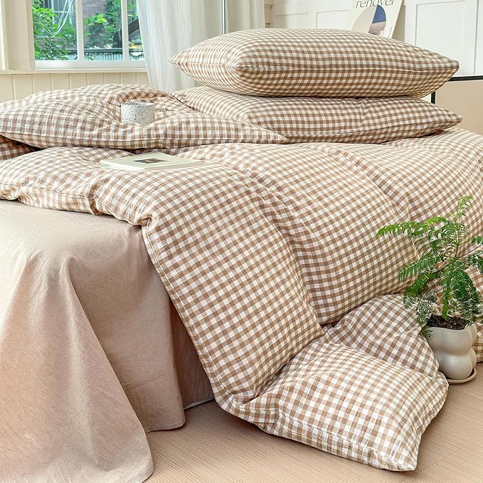 LifeTB Tan Gingham Comforter Set Twin XL Modern Style Beige Plaid Comforter Set 3 Pieces Soft Fluffy Grid Checkered Pattern Comforter with 2 Pillowcases Farmhouse Gingham Bedding Set Twin XL