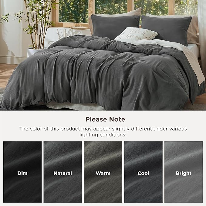 Bedsure Muslin Duvet Cover Queen Size - Cotton Blend Rayon Derived from Bamboo, Cooling Duvet Covet for Hot Sleepers - Ultra-Soft & Breathable Bedding Set for All Seasons(Dark Grey, 90"x90")