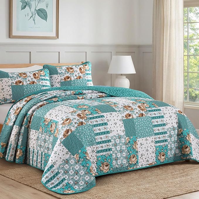 Anibedding Teal Quilt Set Queen Size Patchwork Floral Bedspread Coverlet, Soft Microfiber Farmhouse Boho Quilted Bedding Set, Teal Plaid Rustic Bed Cover for All Season 96''x90''