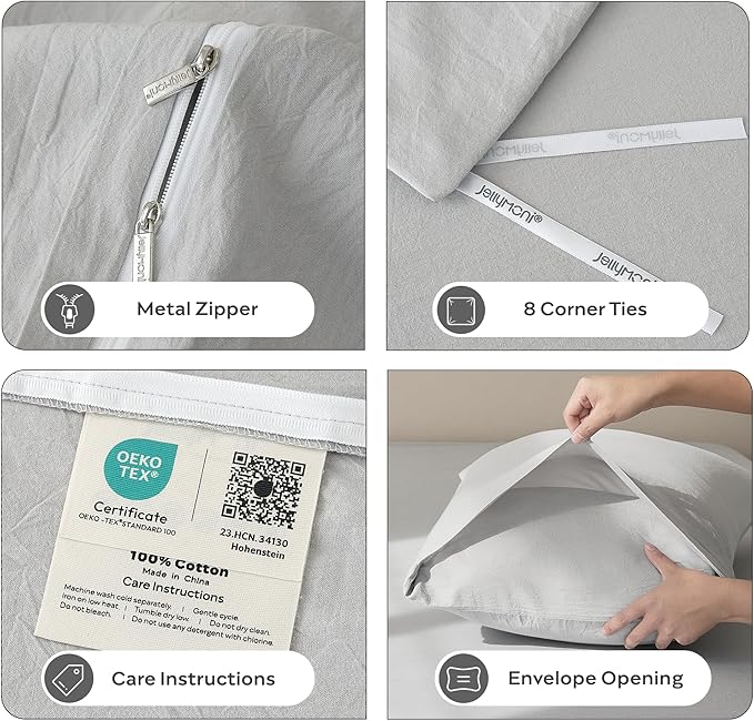 JELLYMONI Duvet Cover Queen Size - Washed Cotton Comforter Cover with Linen-Like Texture,Breathable & Soft Bedding for Modern Home,Guest Room and Everyday Use,Pale Grey 1 Duvet Cover & 2 Pillowcases