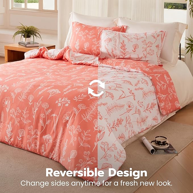 Joiedomi Queen Comforter Set Coral Orange, 3 Pieces Floral Queen Bedding Set with 1 Soft Reversible Botanical Comforter and 2 Pillow Shams, Bed in a Bag for All Seasons