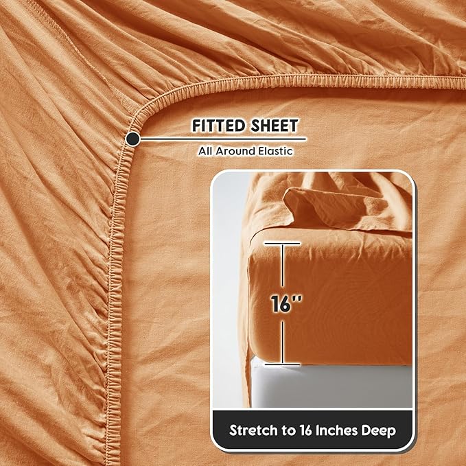 SONORO KATE 100% French Pure Linen Sheets, Breathable and Durable Linen Queen Size Sheets, Anti-Tear Linen Bed Sheets, Machine Washable, 16 Inch Deep Pocket - 4 Piece (Orange, Queen)