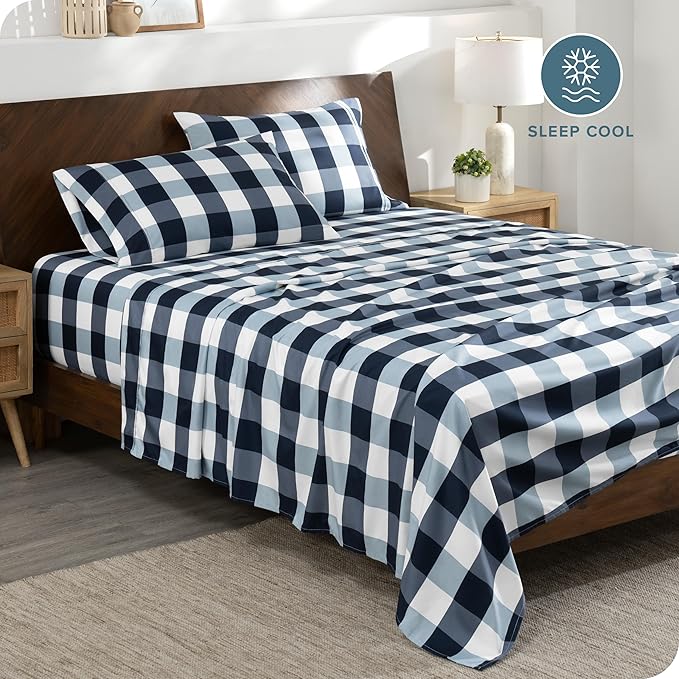 Bare Home Full Sheet Set - Luxury 1800 Ultra-Soft Microfiber Double Brushed - Deep Pockets - Easy Fit - 4 Piece Set - Bedding Sheets & Pillowcases (Full, Gingham Blue)