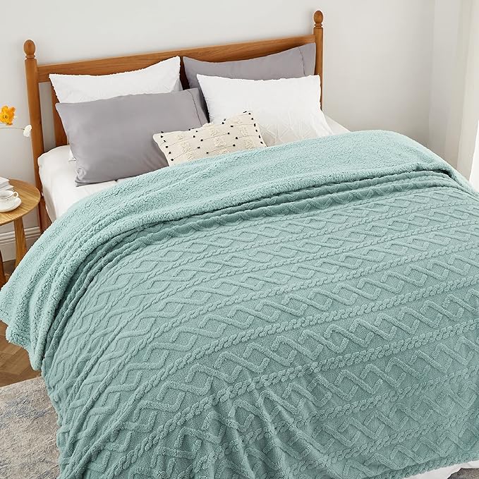 Bedsure Gentlesoft Sherpa King Size Blanket for Bed- Fleece Fluffy & Cozy Cable Jacquard Tufted for Women Gift, Thick and Warm Christmas Blanket for Winter, Sage Green, 108x90 Inches