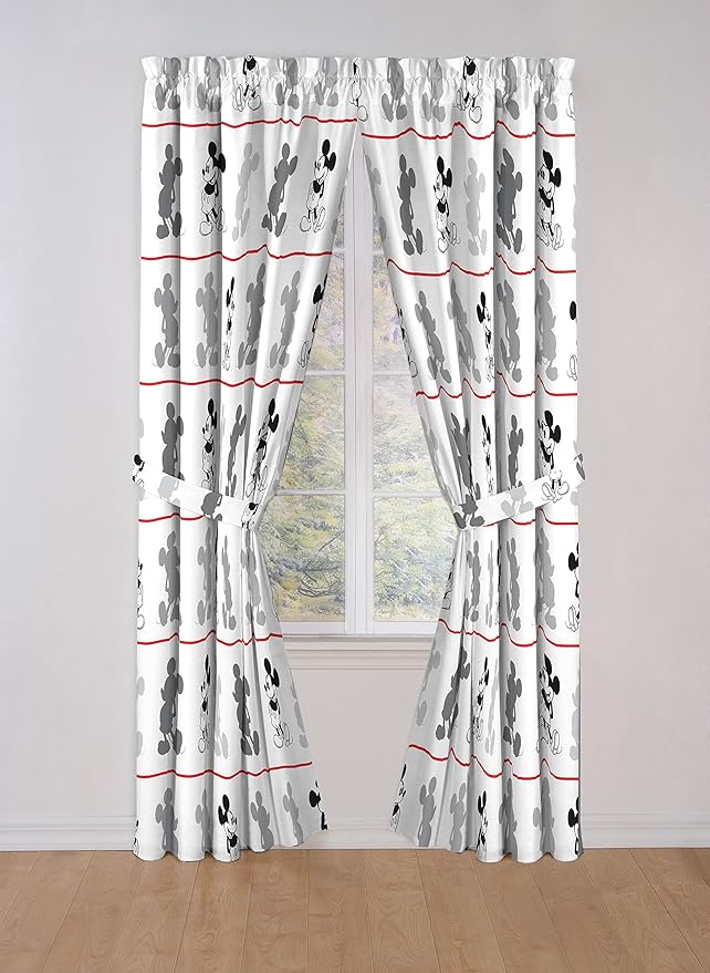 Disney Mickey Mouse Jersey White 4 Piece 84" Curtain/Drapes Set (2 Panels, 2 Tiebacks)
