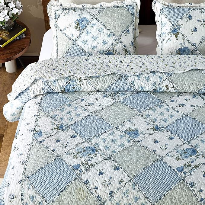 Oversized King Size Blue Floral Plaid Patchwork Quilt Set 128x120 Extra Wide Super King Size Rversible Quilted Bedspread Coverlet Set 3-Piece Comforter Bedding Set Bed Cover with 2 Pillow Shams | Oversized King Quilt, Blue Floral Quilt, Rversible Bedsp...