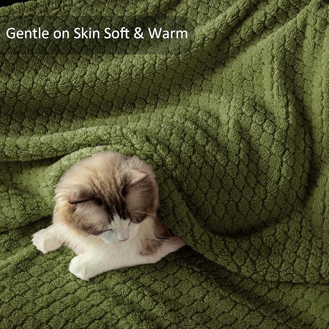Exclusivo Mezcla Queen Size Fleece Blanket for Bed, Extra Soft Warm Decorative Fuzzy Blanket for Women, Lightweight Cozy Bedding Blankets, 90x90 Inches, Olive Green