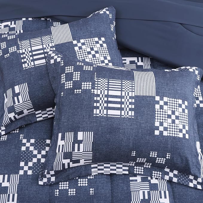 Full Size Comforter Sets Navy Blue, Plaid Bedding Set 7 Pieces for Boys Girls Kids Teen, Classic Homestead-Style Comforter Set Bed in A Bag with Sheets, Pillowcases & Shams