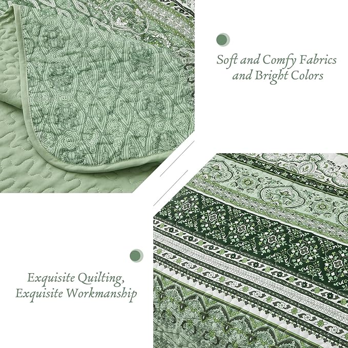 WONGS BEDDING Boho King Quilt Set, Light Green Bohemian Quilt Bedding Set, Lightweight Bed Decor Bedspread for All Season Reversible Microfiber Coverlet Bedding Set 103"x90"(3 Pieces)