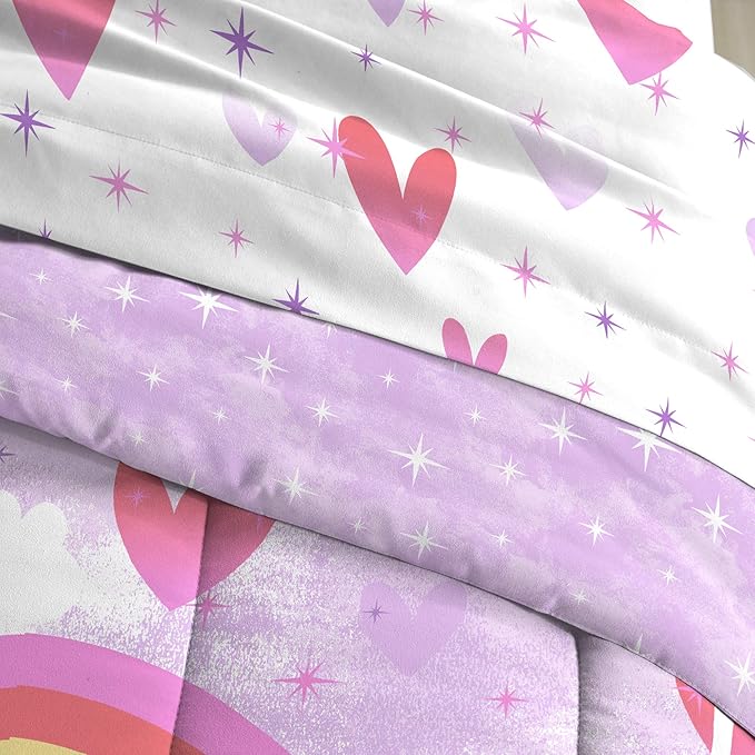 dream FACTORY Kids 7-Piece Complete Set Easy-Wash Super Soft Microfiber Comforter Bedding, Full, Purple Unicorn Rainbow