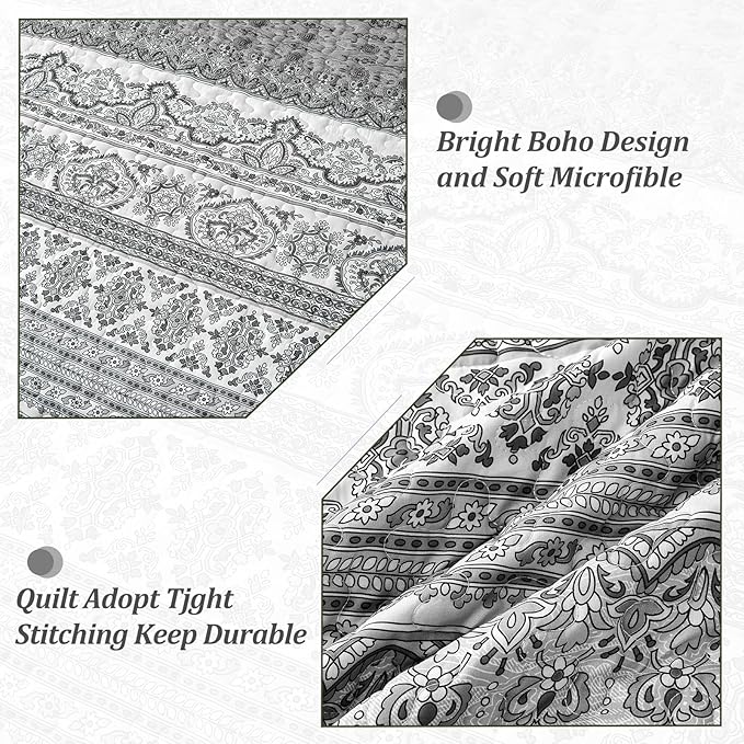 WONGS BEDDING Boho Queen Quilt Set, Grey Bohemian Queen Quilt Bedding Set, Lightweight Microfiber Bed Decor Bedspread for All Season 96"x90"(3 Pieces)