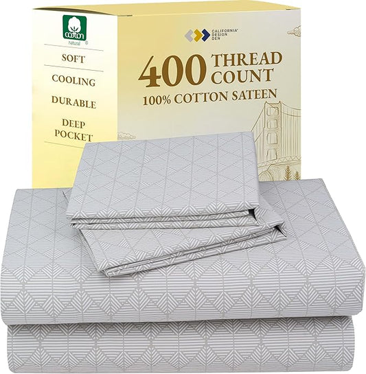 California Design Den California King Sheet Sets - 400 Thread Count Sateen, Natural 100% Cotton Sheets, Deep Pocket and Durable Bedding Set - Taupish-Sage Crosshatch