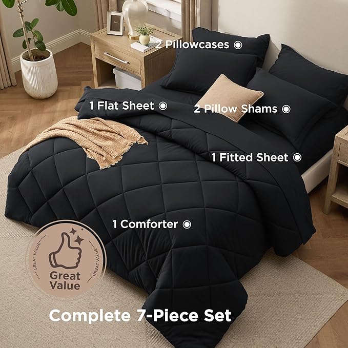 Bedsure 7 Pieces Full Comforter Set Premium Series, Hotel Luxury Soft Bed in a Bag, Goose Down Alternative, Safe for Sensitive Skin Bedding Comforter All Season Medium Warmth, Black Full Size