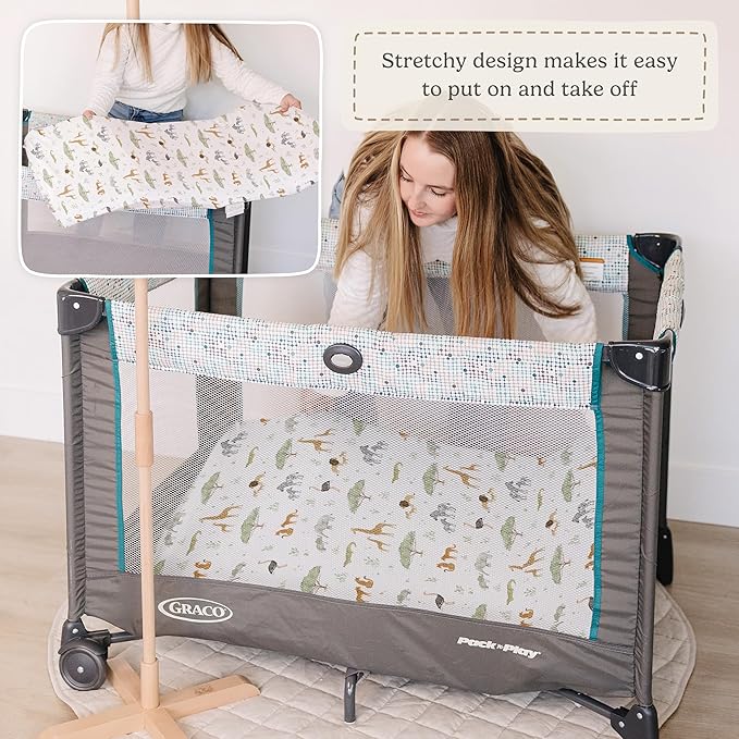 Pack and Play Sheets Fitted, Mini Crib Sheets for Graco Pack N Play Playard (38x26), Ultra Soft Organic Cotton Blend, Safe & Snug Playpen Mattress Sheet for Baby Boys & Girls, Safari Adventure, 2-Pack