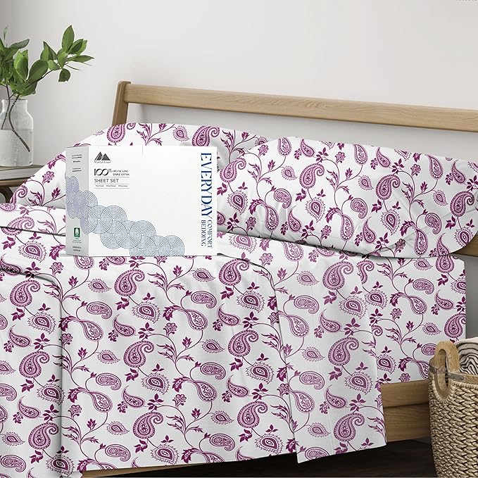 Mayfair Linen 100% Organic Cotton Printed Sheets Twin Size - 3 PC Organic Cotton Percale Sheets Twin Set (Paisley), Cooling Sheet for Dorm Room, 16" Deep Pocket Hotel Bedding - GOTS Certified