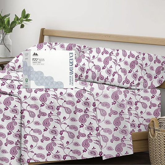 Mayfair Linen 100% Organic Cotton Printed Sheets California King Size - 4 PC Organic Cotton Cal King Percale Weave Sheet Set, Soft, Cooling & Crisp, 16" Deep Pocket Hotel Bedding Set - Paisley
