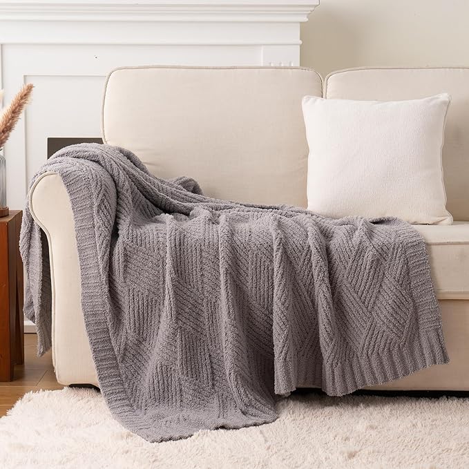 Battilo Grey Diamond Knit Throw Blanket for Couch and Bed, Soft Textured Chenille Blanket, Cozy Lightweight Decorative Blanket for Sofa, 50"x60"