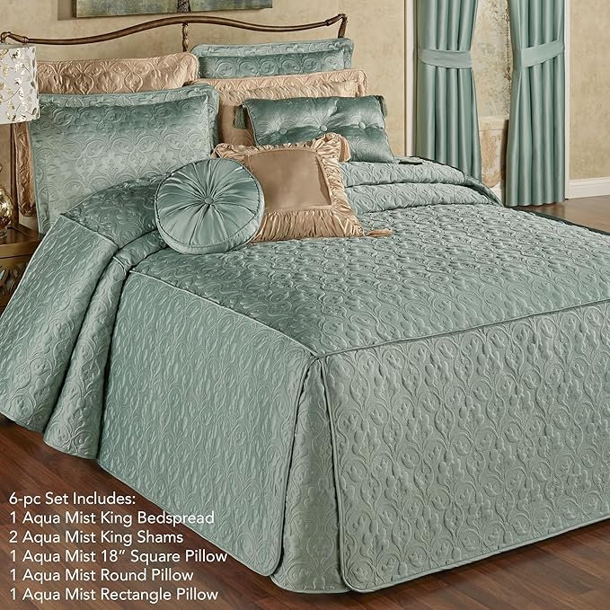 Cambridge Classic Luxury Bedding | Cool Aqua Mist Solid Color Polyester Satin | Elaborate Damask Quilting | 6 Pc Bed Set Includes Fitted Oversized King Bedspread, 2 King Shams, & 3 Decorative Pillows