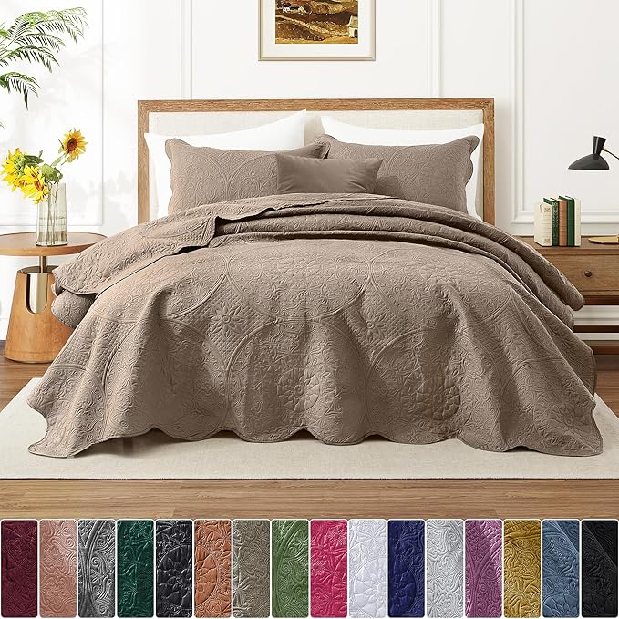 IR Imperial Rooms King Quilt Bedding Set Size (106" x 96") + 2 Pillow Shams (20" x 36"+ 2") - 3 Pcs All Season Lightweight Reversible Microfiber Coverlet Floral Embossed Quilt Bedspread (Beige)
