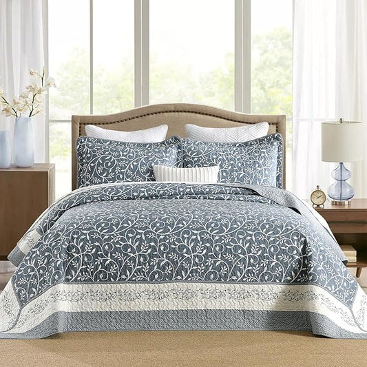 Oversized King Bedspread 120"x120", 100% Cotton Extra Large King Quilt with 2 Pillow Shams, Lightweight Farmhouse Quilted Bedspreads Coverlet Set, Grayish-Blue/Off-White, 3 Pcs
