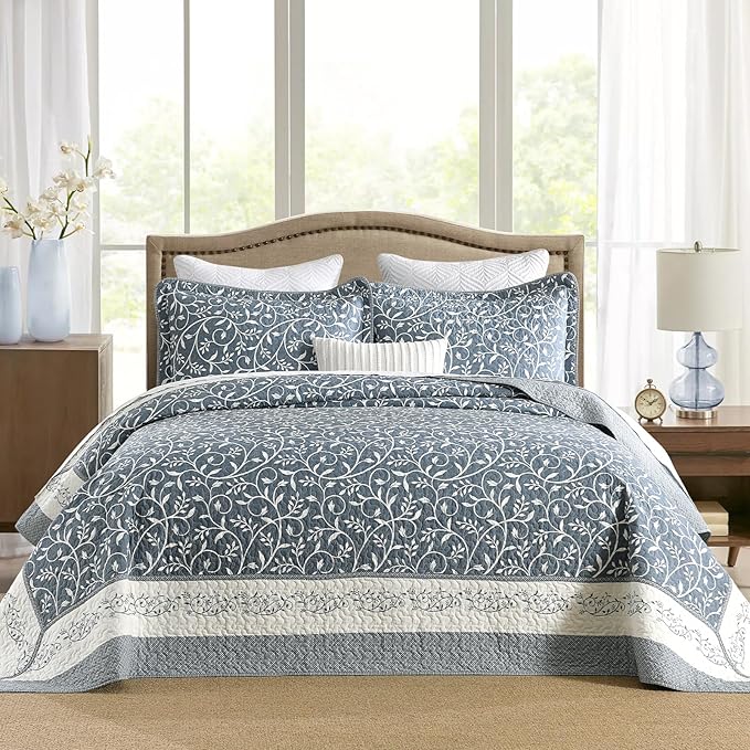 Oversized Queen Bedspread 102"x120", 100% Cotton Extra Large Queen Quilt with 2 Pillow Shams, Lightweight Floral Quilted Bedspreads Coverlet Set, Grayish-Blue/Off-White, 3 Pcs