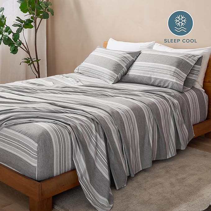 Bare Home Full XL Sheet Set - Luxury 1800 Ultra-Soft Microfiber Full Extra Long Sheets - Double Brushed - Deep Pockets - Easy Fit - 4 Piece Set (Full XL, Heathered Charcoal - Stripe)
