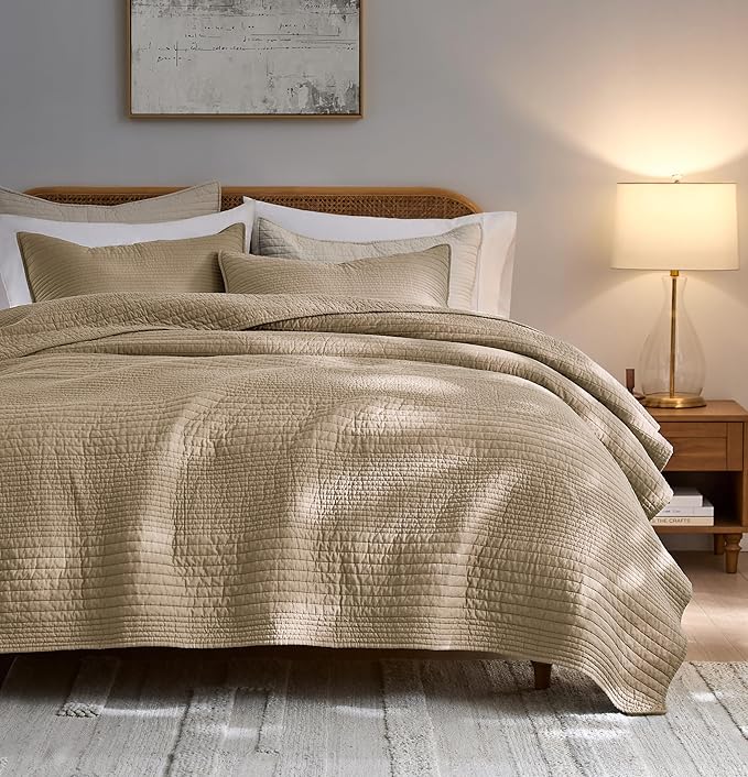 PALASSIO Striped Dark Beige 100% Cotton Quilt California Cal King Size Bedding Set, Oversized Lightweight Channel Pick Stitch Textured Bedspread Soft Farmhouse Country Coverlet for All Season, 2 Shams