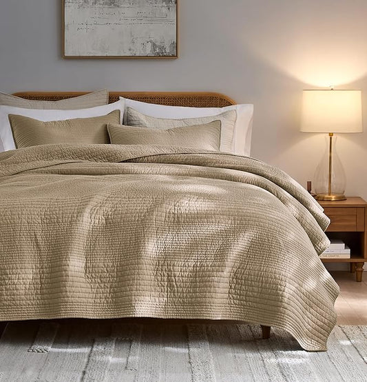 PALASSIO Striped Dark Beige 100% Cotton Quilt California Cal King Size Bedding Set, Oversized Lightweight Channel Pick Stitch Textured Bedspread Soft Farmhouse Country Coverlet for All Season, 2 Shams