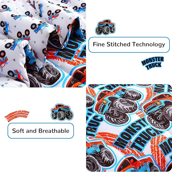 Viviland Kids Full Bedding Sets for Boys, Soft Full Comforter Set with Sheets, 7 Pieces Microfiber Bed in a Bag, Monster Truck