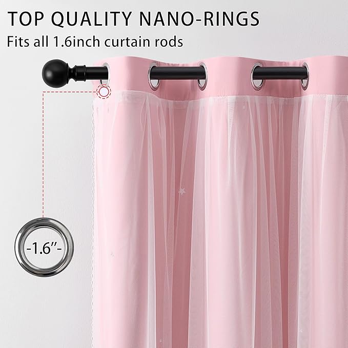 XiDi Light Pink Blackout Curtains for Girls Bedroom Living Room 63 Inches Long 2 Panels Hollow Star Nursery Kids Thermal Insulated Room Darkening Drapes Grommet Noise Reducing Window Curtains 52x63