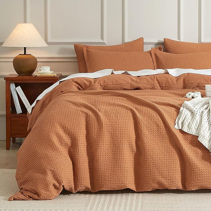 SE SOFTEXLY Waffle Duvet Cover Queen, 100% Cotton Waffle Weave Bedding Duvet Cover Set, Soft and Breathable Comforter Cover for All Season, 3 Pieces Including Pillow Shams（Terra Cotta, 90”x90”）