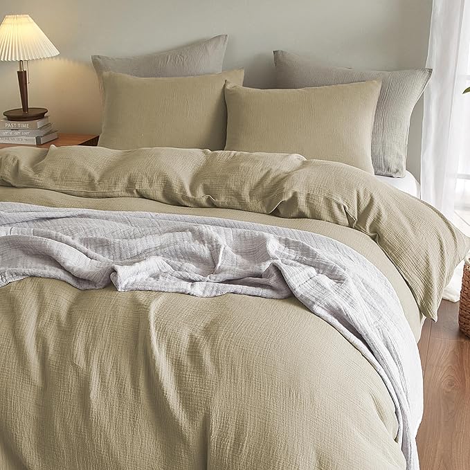 SE SOFTEXLY Muslin Duvet Cover King Size, 100% Washed Cotton Duvet Cover Set, Ultra Soft Comforter Cover Linen Like, 3 Pieces Minimalist Gauze Duvet Cover with 2 Pillowcases, 90"x104", Oatmeal