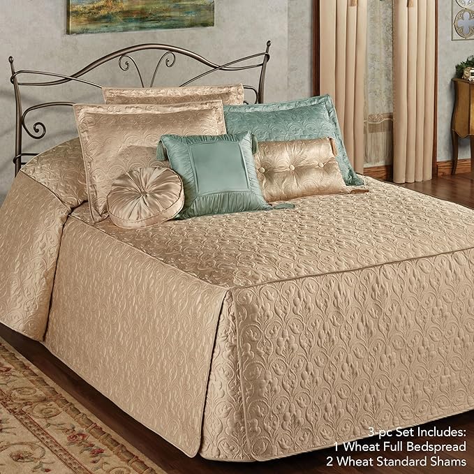 Cambridge Classic Luxury Bedding | Neutral Wheat Solid Color Polyester Satin | Elaborate Damask Quilting | Generous 21 Inch Drop | 3 Piece Bed Set Includes Oversized Full Bedspread & 2 Standard Shams